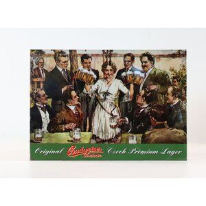 Metal Budweiser Budvar Czech 4x6 Metal Postcard Pub Scene Vintage